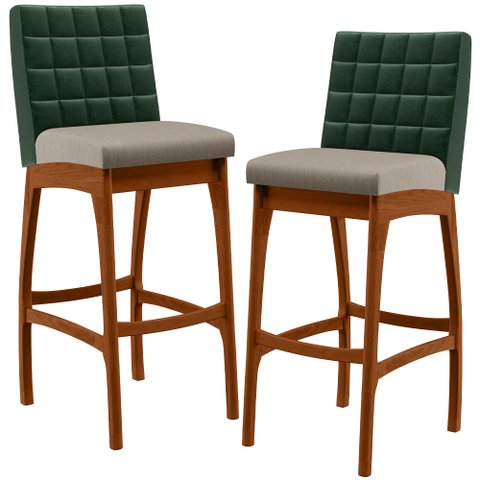 Kit 02 Banquetas Altas Cozinha Sala Jantar Fixa Mila B04 Facto Verde Musgo Linho Bege - Lyam Decor
