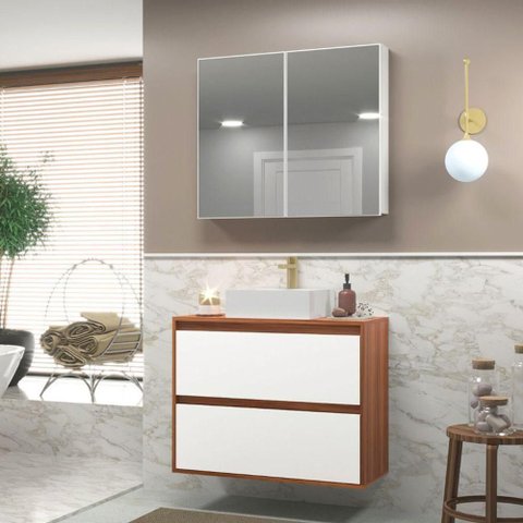 Gabinete para Banheiro com Cuba e Armario 80cm Mdf Freijo com Branco Dubai - On Móveis