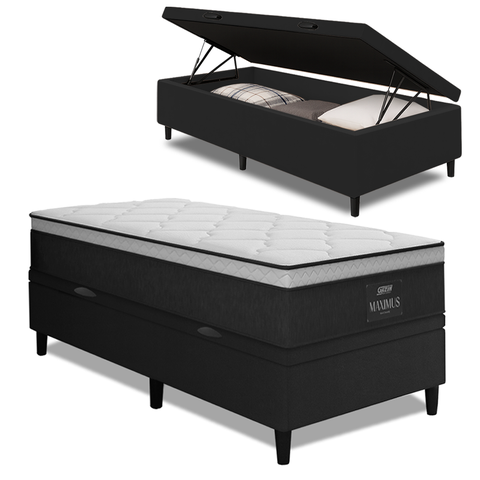 Cama Box Baú Solteiro Colchão Gazin Maximus Molas Ensacadas 88x188x65cm Cinza / Preto