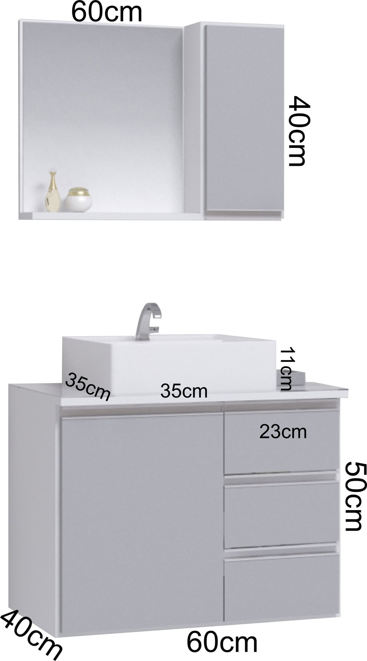 Conjunto Gabinete Banheiro Completo Prisma 60cm - Branco / Cinza COM TAMPO VIDRO - 3