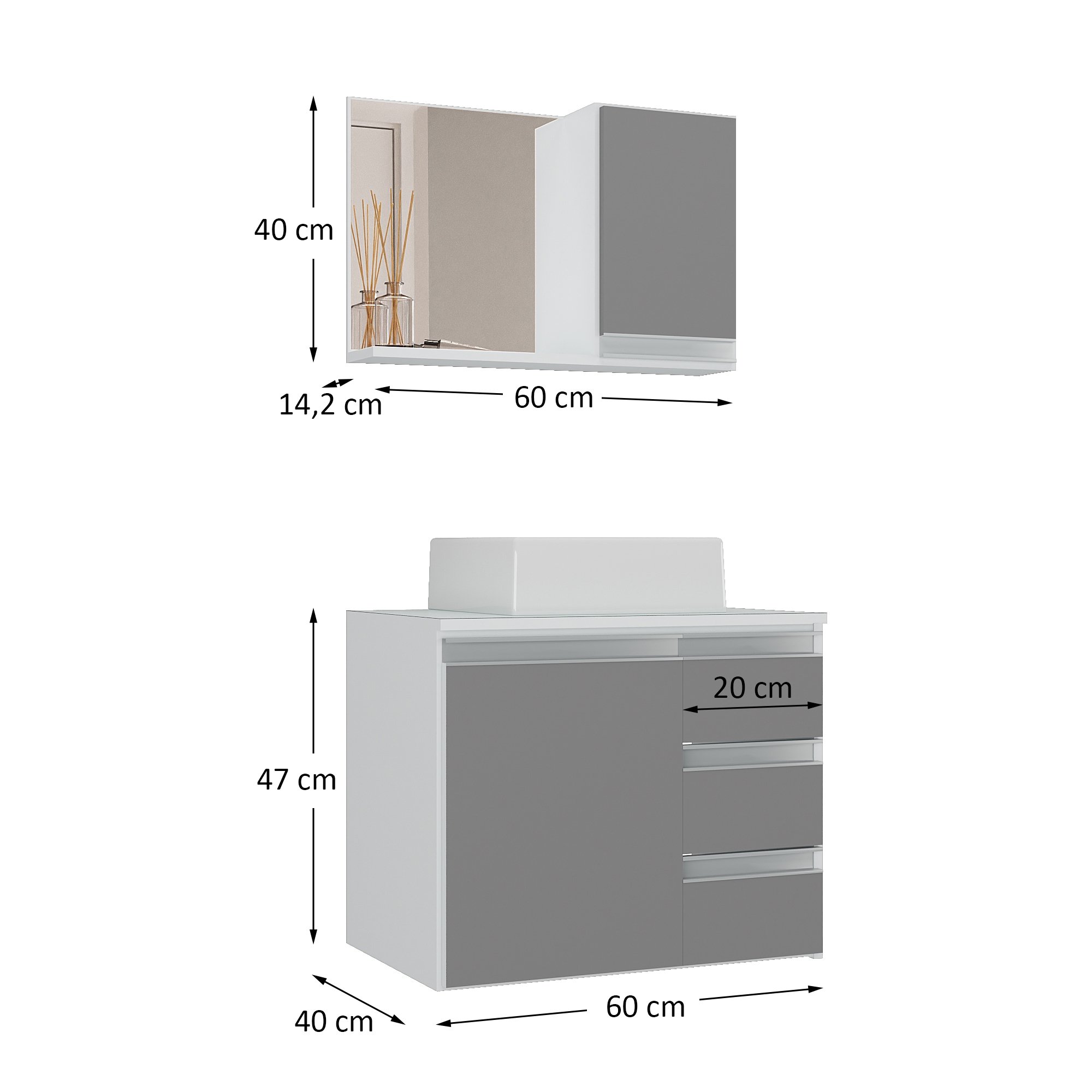 Conjunto Gabinete Banheiro Completo Prisma 60cm - Branco / Cinza com Tampo Vidro - 6