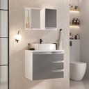 Ver imagem 1 de Conjunto Gabinete Banheiro Completo Prisma 60cm - Branco / Cinza com Tampo Vidro