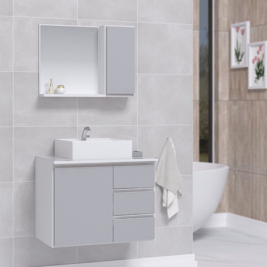 Conjunto Gabinete Banheiro Completo Prisma 60cm - Branco / Cinza COM TAMPO VIDRO