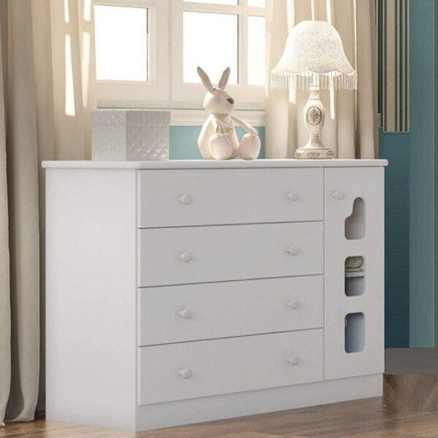 Cômoda Infantil 1 Porta com Acrílico 4 Gavetas Lívia Branca_phoenix Baby
