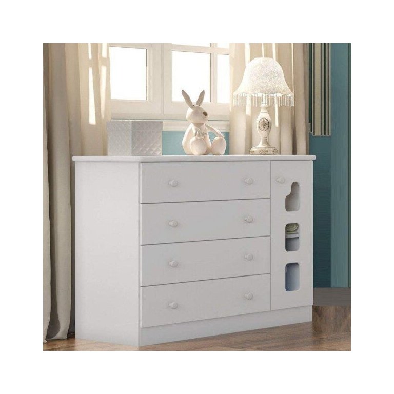 Cômoda Infantil 1 Porta com Acrílico 4 Gavetas Lívia Branca_Phoenix Baby