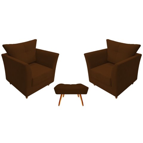 Kit 2 Poltronas Decorativa Isis + Puff Retangular Suede Marrom Pés Madeira Mz Decor