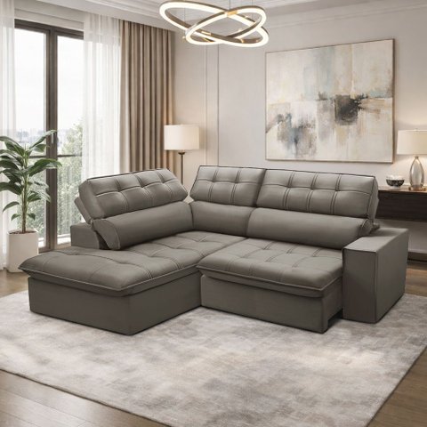 Sofá 3 Lugares Retrátil Reclinável Chaise Esquerdo 243cm Solin F04 Veludo Marrom Claro - Lyam Decor