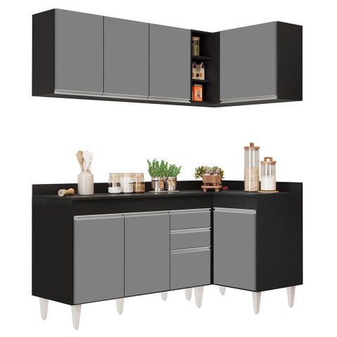 Armário de Cozinha Modulado de Canto Esquerdo 4 Peças Cp47 Balcão com Tampo Preto/cinza - Lumil Lumi