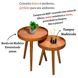 Jogo Mesa Apoio Lateral Canto Sofá Sala Estar Casa Redonda Ambiente Pequena:tampos Madeirado e Pés M - 5