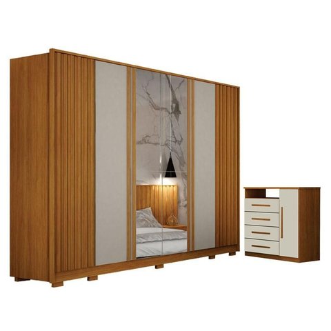 Guarda Roupa Casal Evo 6 Portas com Espelho Cinamomo e Off-white com Cômoda Diamante 4 Gavetas 1 por