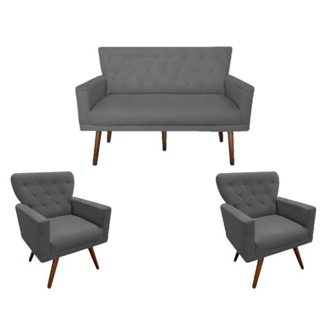 Kit Namoradeira + 2 Poltronas Decorativa Aurora Suede Cinza Pés Madeira Ms Decor