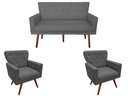 Ver imagem 1 de Kit Namoradeira + 2 Poltronas Decorativa Aurora Suede Cinza Pés Madeira Ms Decor