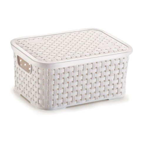 Cesto Caixa Organizadora Rattan de Plástico Resistente Pp com Tampa Capacidade 2 Litros:branco