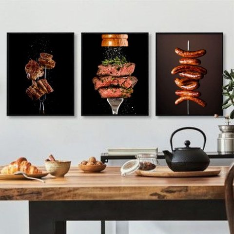 Kit 3 Quadros Decorativos Fotografias Churrasco 24x18cm - com Vidro:madeira Branca