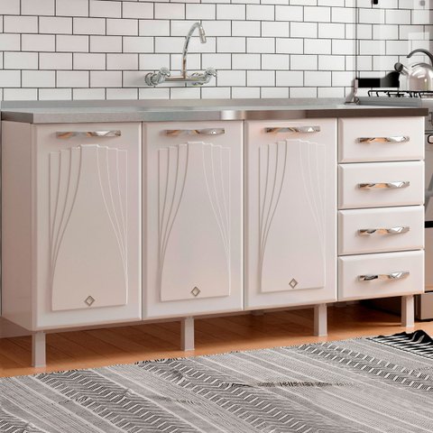 Balcão de Cozinha em Aço Star New 3 Portas 4 Gavetas Branco - Telasul
