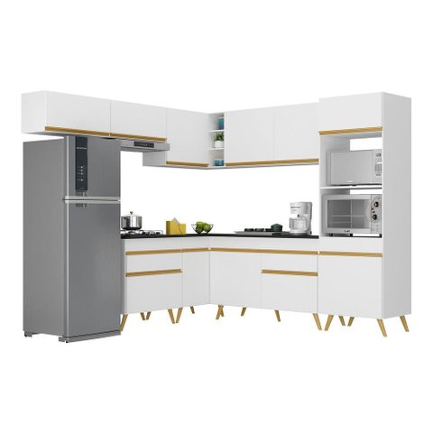 Armário de Cozinha Completa de Canto Veneza Multimóveis V2070 Branco/dourado
