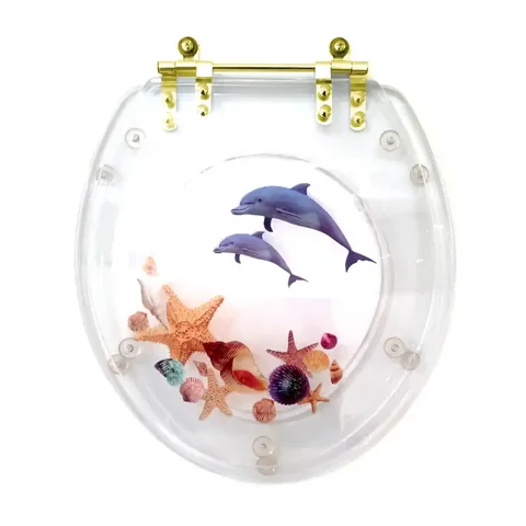 Assento Sanitário Poliéster Oval Cristal Golfinho Conchas Com Ferragem Dourada