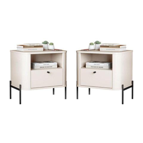 Conjunto Mesa de Cabeceira Malta Off White Preto