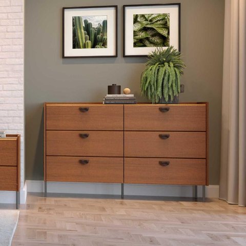 Cômoda 6 Gavetas C/ Puxador Orgânico e Pés em Metal 100% Mdf Cor:itaúba Âmbar com Reali