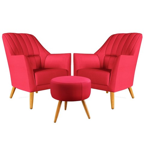 Kit 2 Poltronas Orion Bordada com Puff Solar Suede Vermelho Aradecor