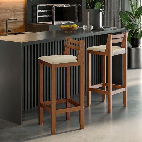 Conjunto 2 Banquetas em Madeira Maciça Ibiza Balcão 98 Cm com Encosto - Malbec Assento Off White