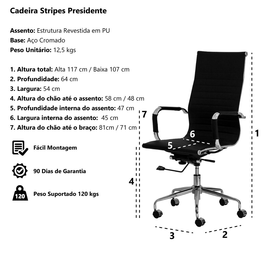 Kit 2 Cadeiras Escritório Stripes Presidente Pu Preta - 6