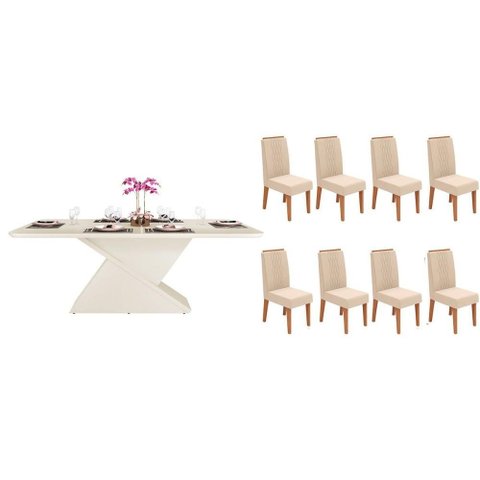 Conjunto: Mesa Sala Jantar Zafira C/ Tampo Madeirado C/ Vidro Curvo 200x100cm e 8 Cadeiras Lia Off