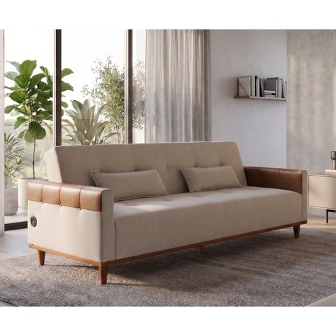 Sofá Cama Casal Duo 3 Lugares 2,09m Linho com USB e Courino - Bege