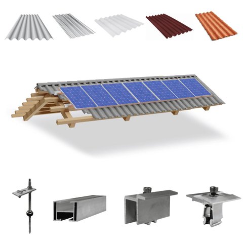 Kit Estrutura Suporte Fixador 7,20m para 07 Placas Solar Alumínio Inox Telha Fibro Ondulada Viga Mad