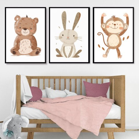 Kit 3 Quadros Infantis Animais Minimalistas 45x34cm:moldura Preta