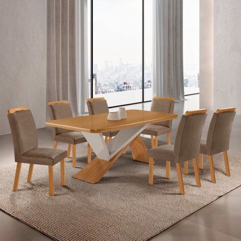 Conjunto Sala de Jantar Mesa Texas 180cm e 6 Cadeiras Athenas Marrom Capuccino / Off White