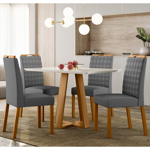 Conjunto Mesa de Jantar 1,20m Lectus Tampo em Mdf com Vidro e 4 Cadeiras Mariah Ypê/off White/ja02 -