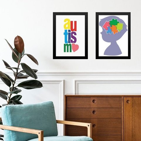 Kit 2 Quadros Autismo - Menininho 45x34cm - com Vidro:moldura Preta