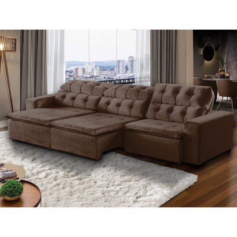 Sofá Retrátil Reclinável 8 Lugares 380cm com Pillow Veludo Marrom Alasca Megasul