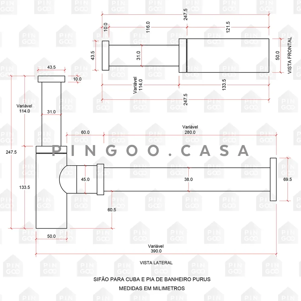 Sifão para Cuba e Pia de Banheiro Quadrado Purus Pingoo.casa - Dourado - 5