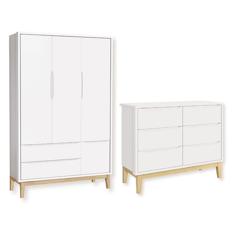Quarto de Bebê Guarda Roupa Classic + Cômoda 6 Gavetas Madeira Natural Branco Fosco