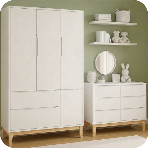 Quarto de Bebê Guarda Roupa Classic + Cômoda 6 Gavetas Madeira Natural Branco Fosco