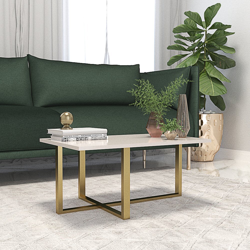 Mesa De Centro Retangular Pés Ferro Dourado Várias Cores:Off White - 3