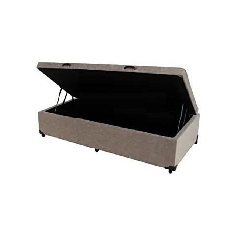Cama Box Baú Solteiro Suede Bege com Pistões a Gás