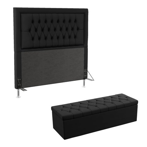 Kit Cabeceira Antares e Calçadeira Sagitarius 160 Para Cama Queen Sued Preto Aradecor