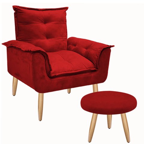 Kit Poltrona Opala Júlia Cadeira Decorativa + Puff Redondo Pés Palito Mercado Dos Móveis:vermelho