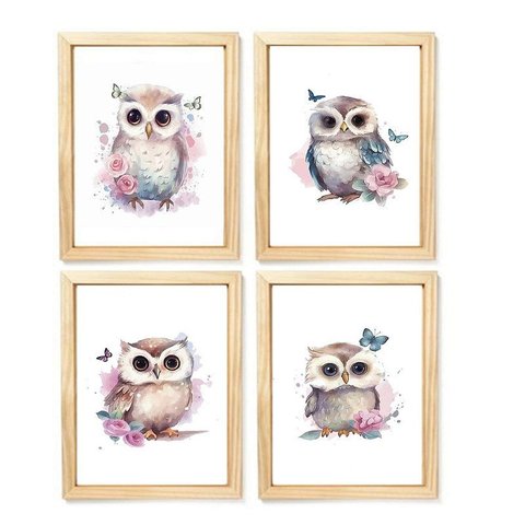 Kit Quadro Infantil Coruja Flores Decorativo Quarto Menina Criança Bebê Enxoval