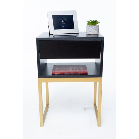 Mesa De Cabeceira Industrial Preto Eco 40cm Base Dourada - Enviamos Montado
