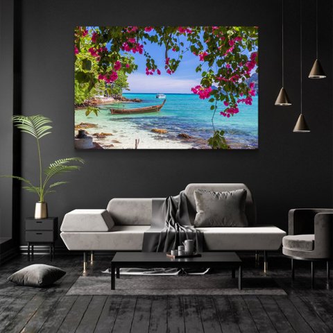 Quadro Decorativo Flores e Barco Beira Mar Sem Moldura e Sem Vidro 80X120