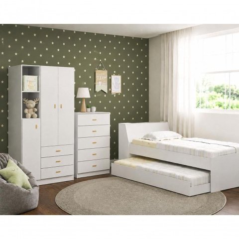 Quarto Solteiro Completo Guarda Roupa Cômoda Bicama 2 Colchões BB28BB120BB322COLCHOES2 3 Portas 5