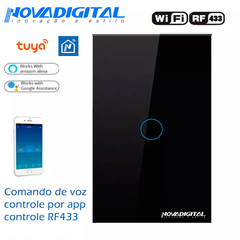 Interruptor inteligente Touch Screen Wi-Fi e Rf433 MHz Nova Digital 1 Botão - Preto