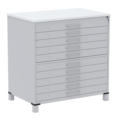 Mapoteca 10 Gavetas Pandin 120 Cm (larg) Inmetro Tampo Mdp Branco Estrutura Aço Cinza Gavetas Cinza