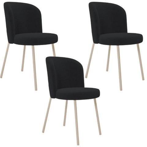 Kit 03 Cadeiras para Sala de Jantar Cozinha Estofada Gavi Arena L02 Bouclê Preto - Lyam Decor