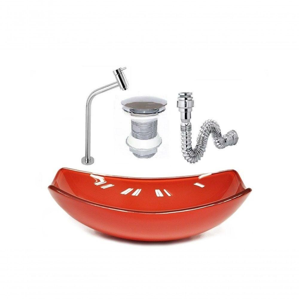 Cuba De Vidro Oval 46cm Vermelho +Valvula+Torneira+Sifao - 1