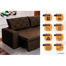 Sofá Cama Retrátil Reclinável 3,00m Bangkok Suede Velut Marrom Molas no Assento - King House - 3